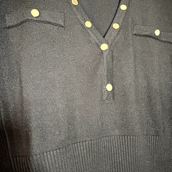 Cache Blouse Top Knitted Deep V-Neck Short Sleeve Button Embellished Black Large - Picture 2 of 4